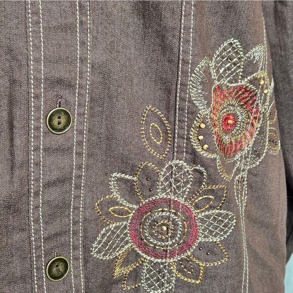 Alfred Dunner Brown Floral Embroidered Denim Jacket - Picture 7 of 7